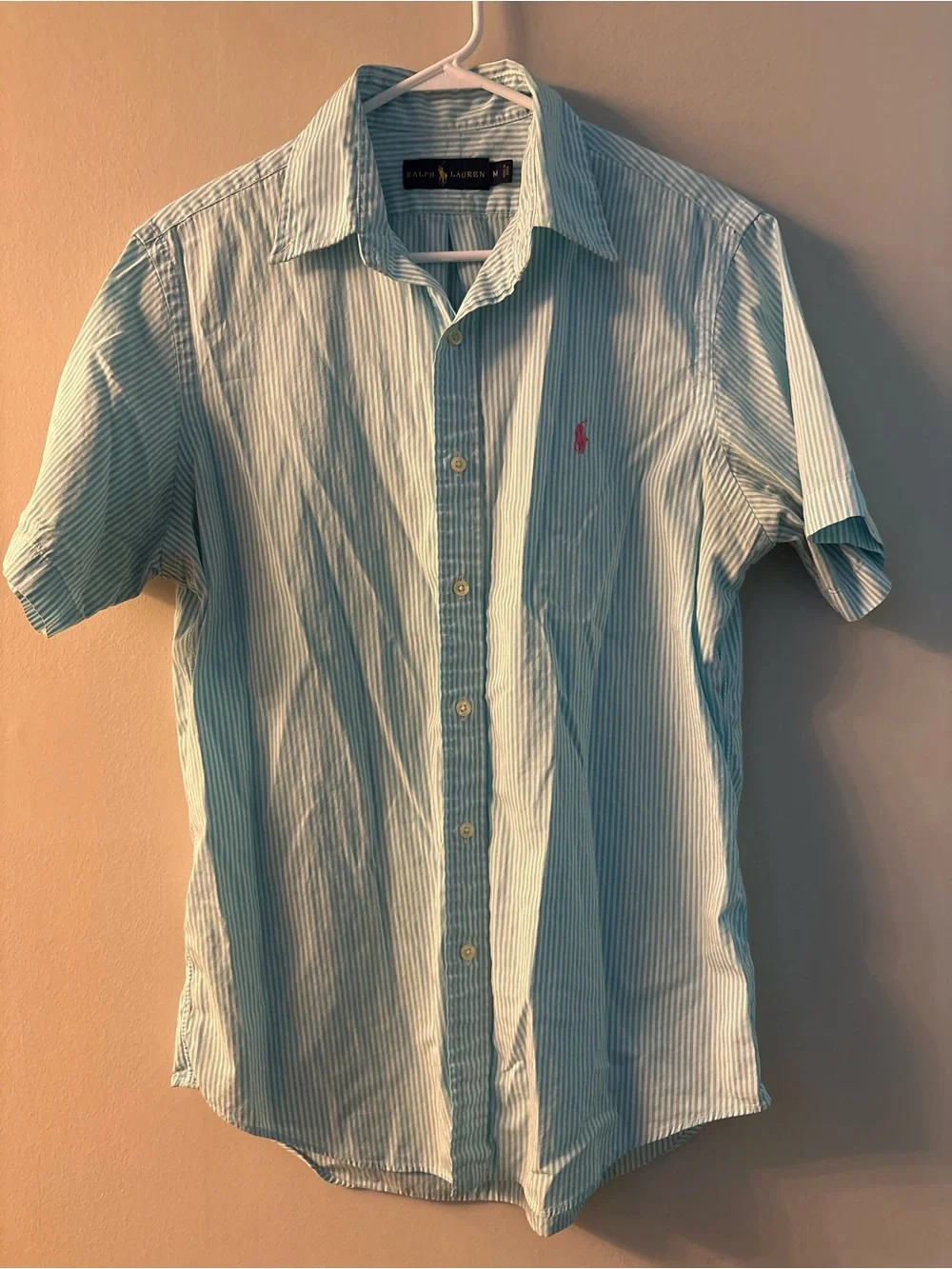 Ralph Lauren Light Blue and White Striped Short-Sleeve Button-Down Shirt